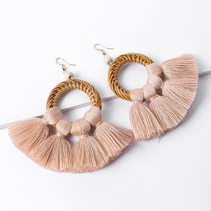 Pastoral style ethnic style tassel earrings exaggerated earrings fashion long earrings handmade rattan ladies accessories