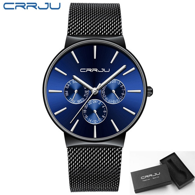 Relojes CRRJU de lujo para hombre, reloj de pulsera con fecha ultrafino resistente al agua, correa de malla para hombre, reloj de cuarzo informal 