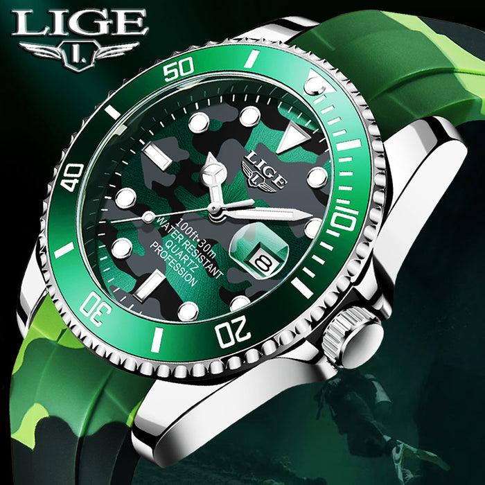 LIGE Men's Quartz Watch 30M Waterproof Watch Silicone Camo Strap