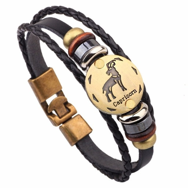 12 Horoscope Leather Bracelet Men Jewelry Vintage Retro Charm Bracelet Male Jewelry 8.2