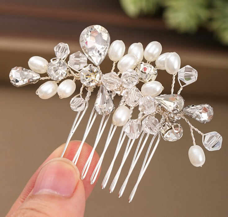 Peineta de cristal hecha a mano con perlas de cristal, joyería de boda sencilla 