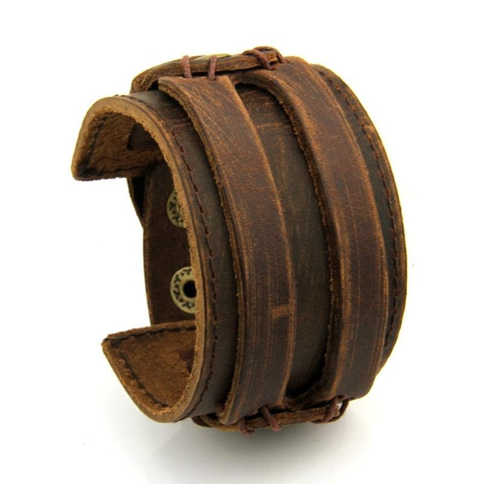 BAMOER Leather Cuff Double Wide Bracelet Rope Bangles Brown Unisex Jewelry PI0296