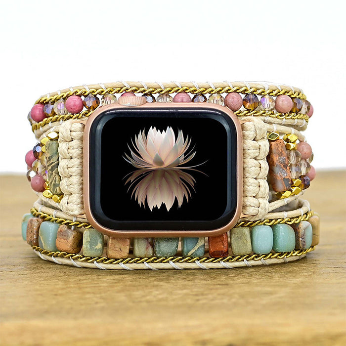 Correa de piedra natural Pulsera de correa tejida con cuentas de piedra para Apple Watch de 3 capas 