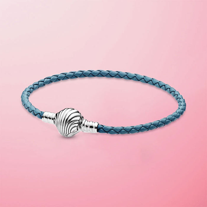 Nueva pulsera de cuero trenzado turquesa con cierre de concha de Plata de Ley 925 de verano para mujer, joyería DIY de moda