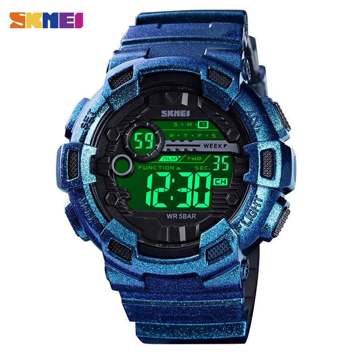 Reloj deportivo SKMEI 1243 para exteriores, reloj multifunción para hombre, 5bar, resistente al agua, correa de PU, relojes con pantalla LED, reloj Digital cronógrafo para hombre 