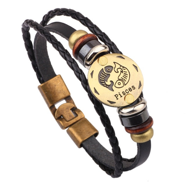 12 Horóscopo Pulsera de cuero Hombres Joyería Vintage Retro Charm Pulsera Joyería masculina 8.2