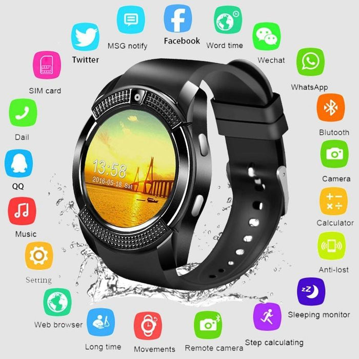 Reloj inteligente V8 hombres Bluetooth relojes deportivos mujeres señoras Rel gio Smartwatch con cámara ranura para tarjeta Sim teléfono Android