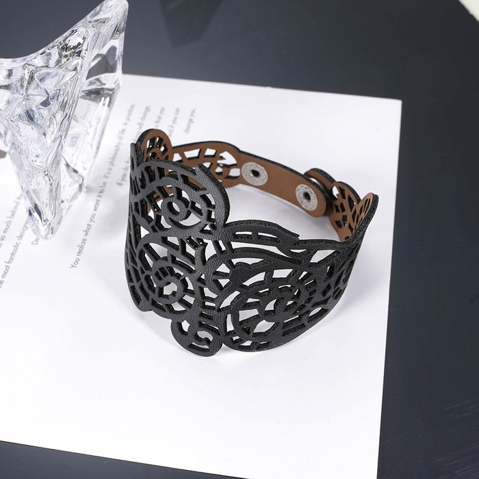 Cross border hot selling punk style hollowed out leather bracelet with male and female personality, niche design, creativity, and high-end feel bracelets