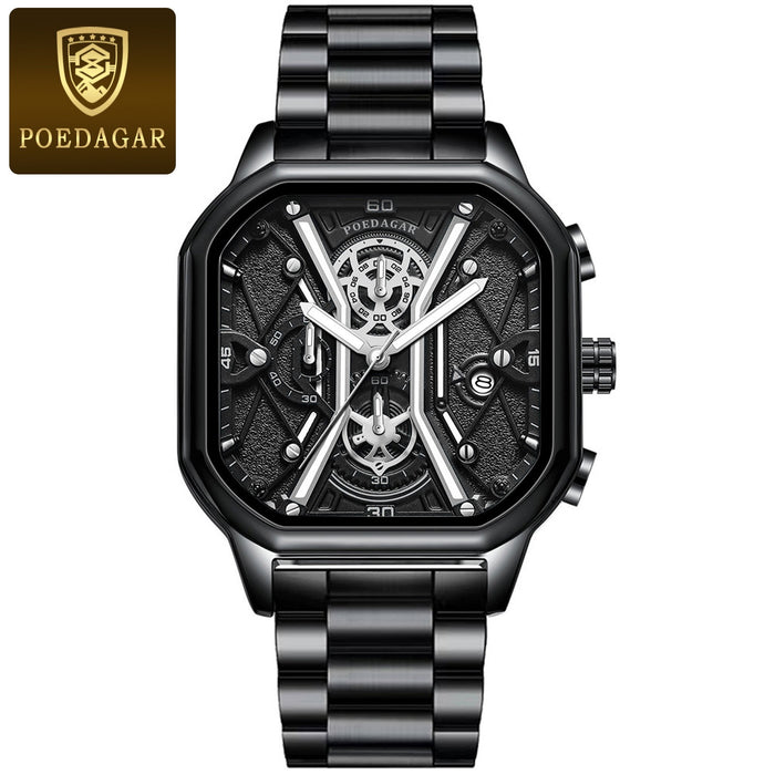 POEDAGAR, relojes de pulsera de lujo a la moda para hombre, cronógrafo luminoso, resistente al agua, reloj con fecha para hombre, esfera cuadrada, relojes de cuarzo de cuero para hombre