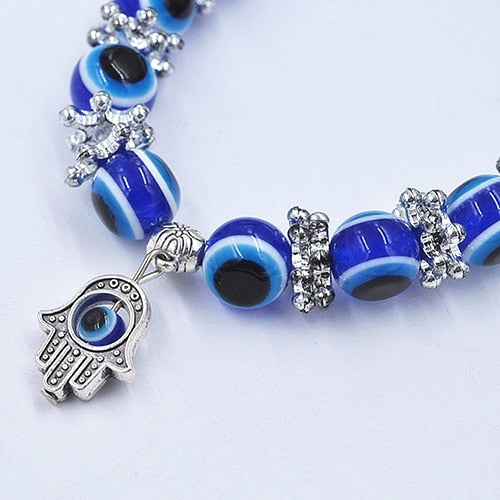 Handmade Hamsa Fatima Bangle Evil Eye Beads Elastic Couple Bracelet Femme Jewelry