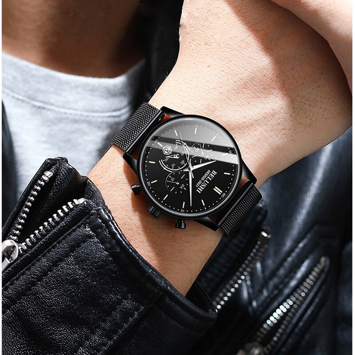 Reloj BELUSHI para hombre, marca de lujo, famoso reloj masculino, relojes negros, correa de Milán ultrafina, reloj de pulsera de cuarzo de acero inoxidable para hombre 