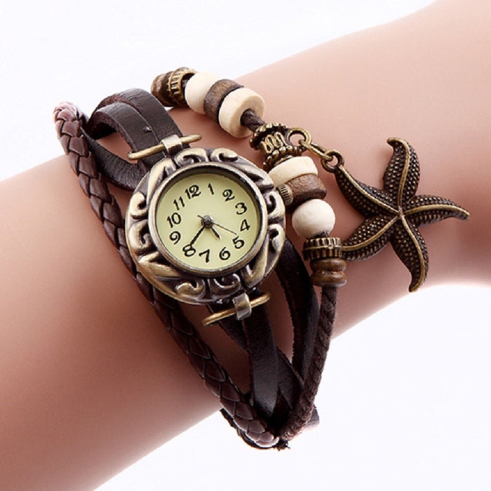 Reloj de pulsera de estrella de mar para mujer, reloj Retro tejido, relojes envolventes de cuero genuino, reloj de pulsera de estrella de mar, esfera pequeña Bnad delgada LL