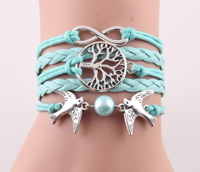 Fashion Infinity Tree flying birds charm Imitation Pearl Leather braid women wrap bracelet Bracelets & Bangles for women jewelry