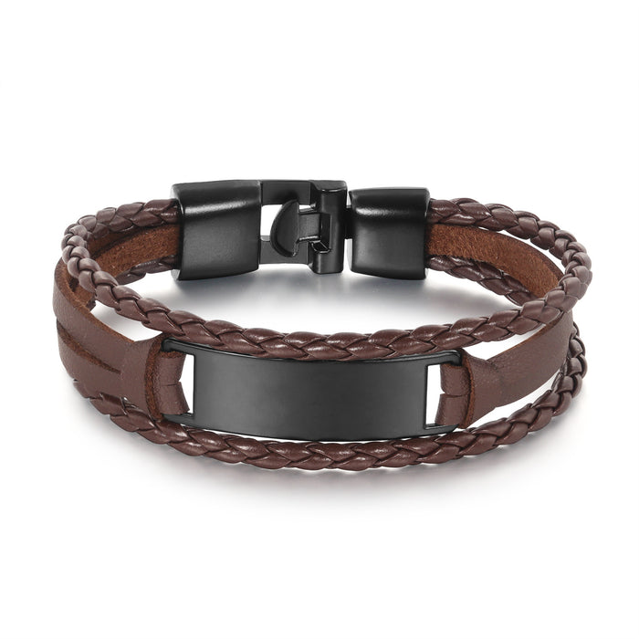 Pulsera De Moda Para Hombre Pulsera De Cuero Trenzado Multicapa Simple Y Versátil Brillante