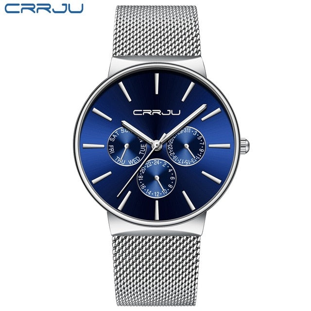 Relojes CRRJU de lujo para hombre, reloj de pulsera con fecha ultrafino resistente al agua, correa de malla para hombre, reloj de cuarzo informal 