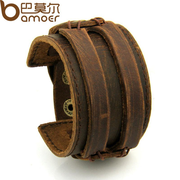 BAMOER Leather Cuff Double Wide Bracelet Rope Bangles Brown Unisex Jewelry PI0296