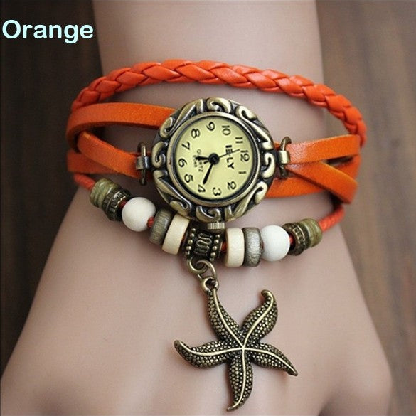 Reloj de pulsera de estrella de mar para mujer, reloj Retro tejido, relojes envolventes de cuero genuino, reloj de pulsera de estrella de mar, esfera pequeña Bnad delgada LL