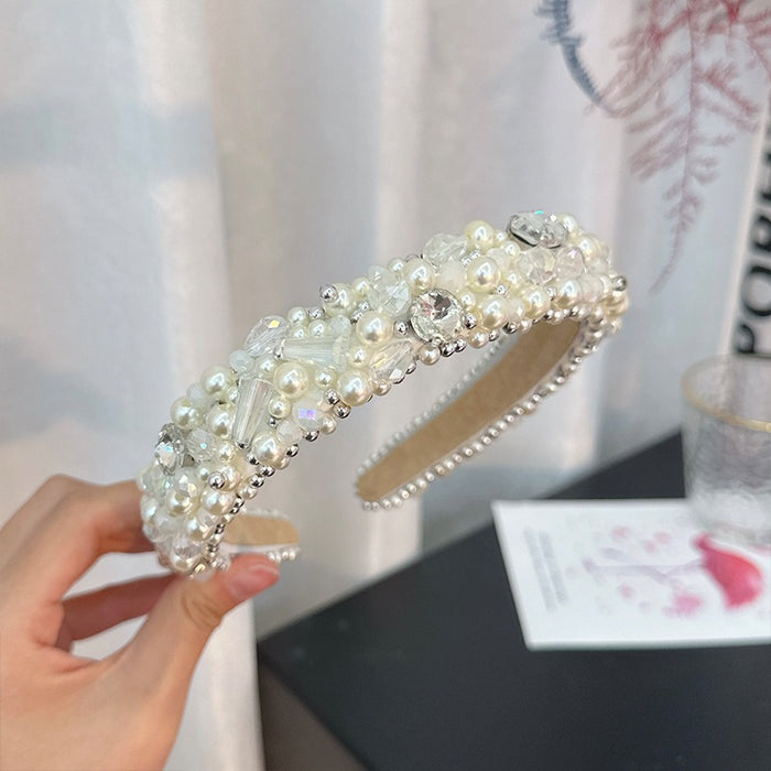 Banda para el cabello con perlas de cristal y cuentas hechas a mano de moda