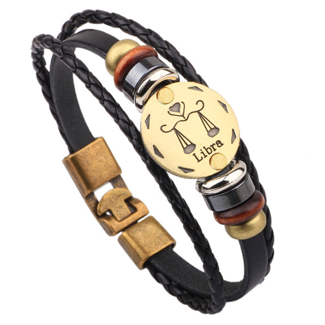 12 Horóscopo Pulsera de cuero Hombres Joyería Vintage Retro Charm Pulsera Joyería masculina 8.2