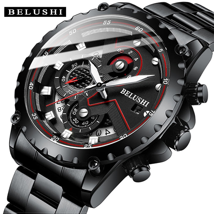 Nuevos relojes a la moda para hombre BELUSHI, cronógrafo de lujo de la mejor marca, reloj de cuarzo resistente al agua de acero completo, reloj deportivo con fecha para hombre