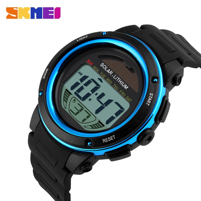 Reloj deportivo SKMEI 1096 para exteriores, relojes de pulsera con correa Solar de PU para hombre, cronógrafo con alarma, 5bar, reloj Digital resistente al agua para hombre 