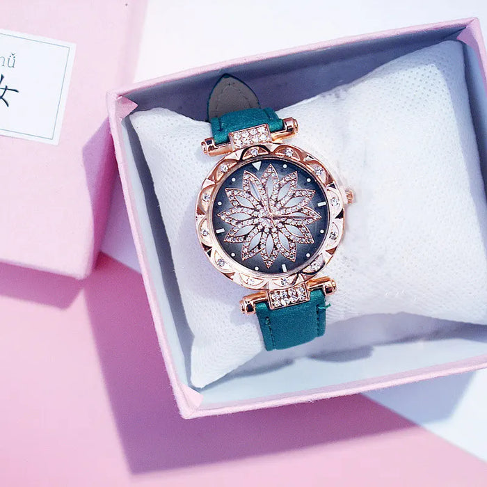 Reloj de cielo estrellado para mujer, relojes de diamantes de oro rosa de lujo, reloj de pulsera de cuarzo con banda de cuero informal para mujer, reloj femenino zegarek damski