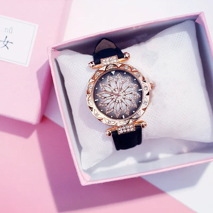 Reloj de cielo estrellado para mujer, relojes de diamantes de oro rosa de lujo, reloj de pulsera de cuarzo con banda de cuero informal para mujer, reloj femenino zegarek damski