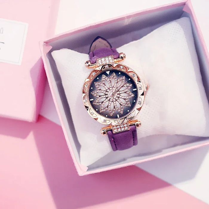 Reloj de cielo estrellado para mujer, relojes de diamantes de oro rosa de lujo, reloj de pulsera de cuarzo con banda de cuero informal para mujer, reloj femenino zegarek damski