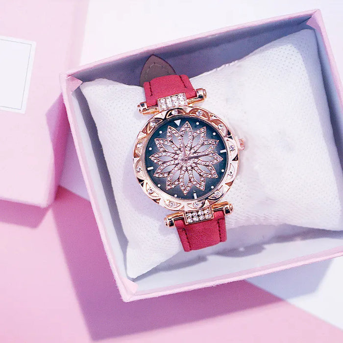 Reloj de cielo estrellado para mujer, relojes de diamantes de oro rosa de lujo, reloj de pulsera de cuarzo con banda de cuero informal para mujer, reloj femenino zegarek damski