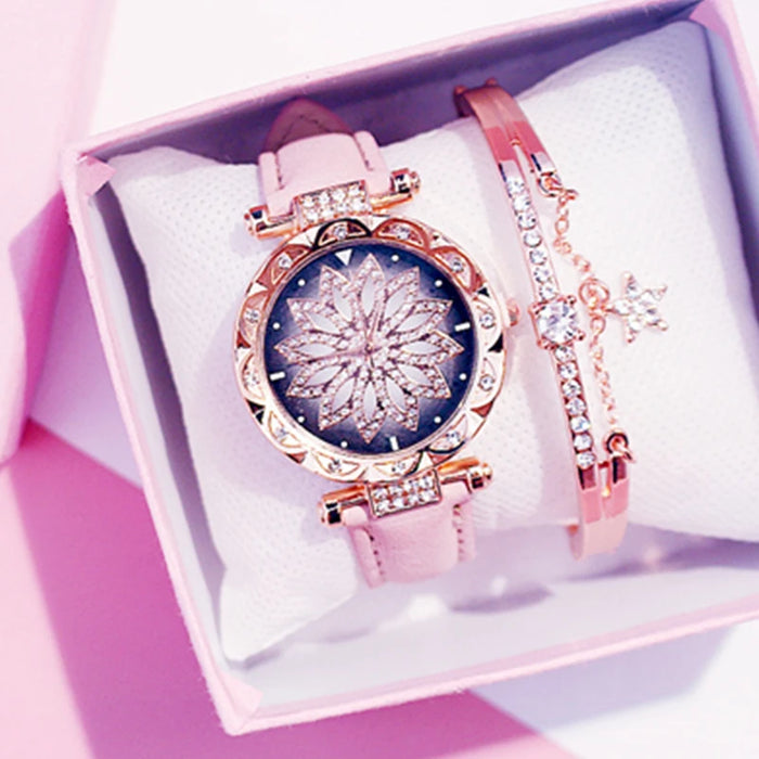 Reloj de cielo estrellado para mujer, relojes de diamantes de oro rosa de lujo, reloj de pulsera de cuarzo con banda de cuero informal para mujer, reloj femenino zegarek damski