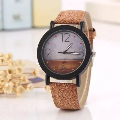 New flower surface wood grain leather watch men's quartz sports watch fashion men and women clock high quality wrist watch