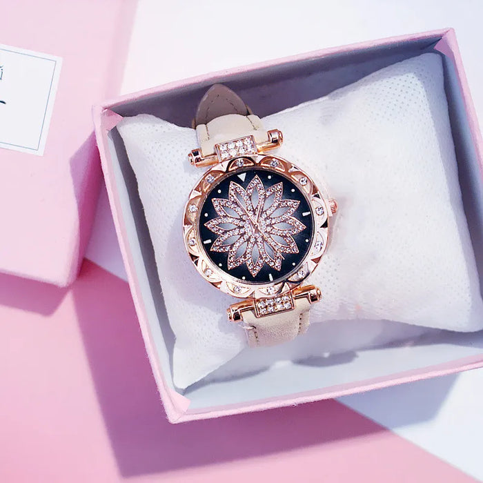 Reloj de cielo estrellado para mujer, relojes de diamantes de oro rosa de lujo, reloj de pulsera de cuarzo con banda de cuero informal para mujer, reloj femenino zegarek damski