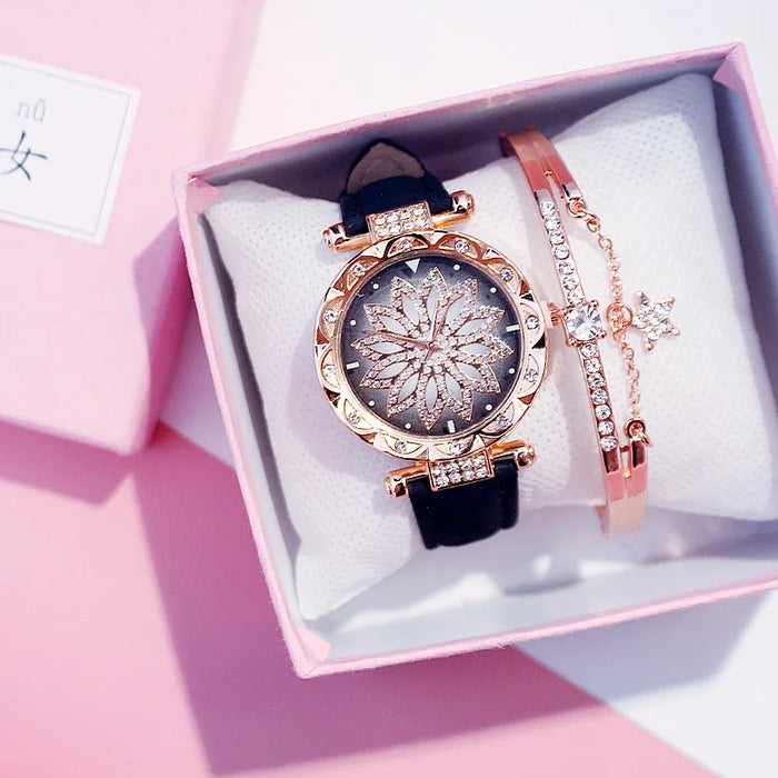 Reloj de cielo estrellado para mujer, relojes de diamantes de oro rosa de lujo, reloj de pulsera de cuarzo con banda de cuero informal para mujer, reloj femenino zegarek damski