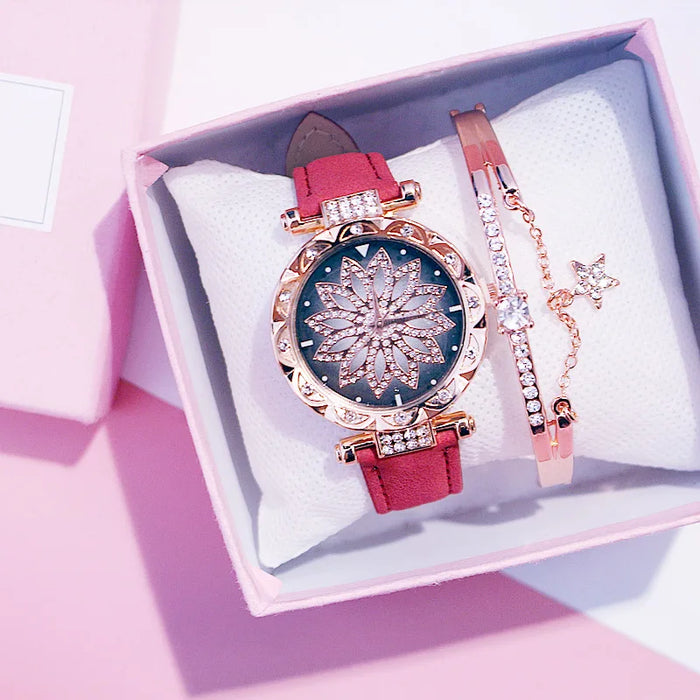 Reloj de cielo estrellado para mujer, relojes de diamantes de oro rosa de lujo, reloj de pulsera de cuarzo con banda de cuero informal para mujer, reloj femenino zegarek damski