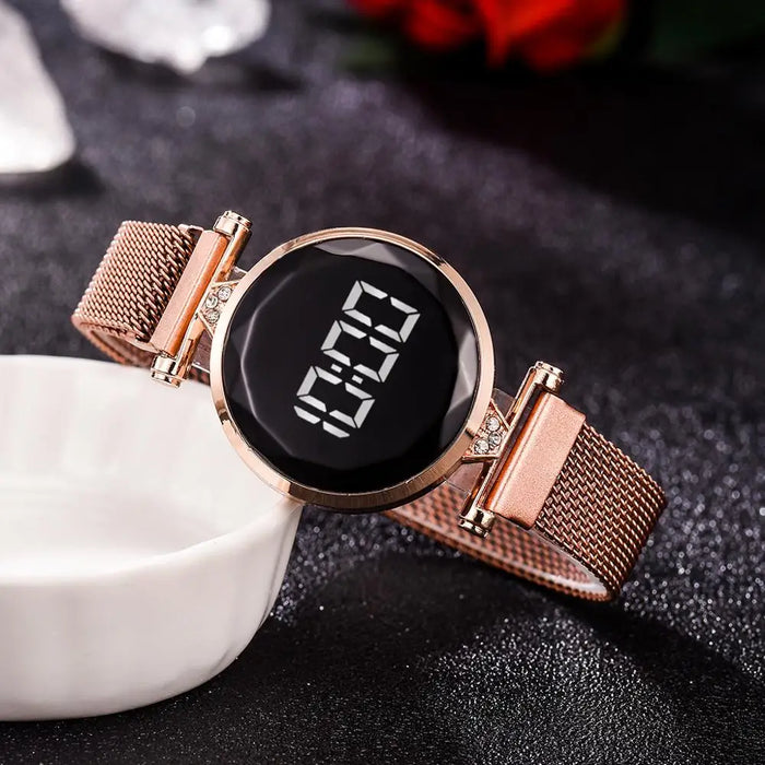 Relojes magnéticos digitales de lujo para mujer, vestido de acero inoxidable de oro rosa, reloj LED de cuarzo, reloj femenino, envío directo 