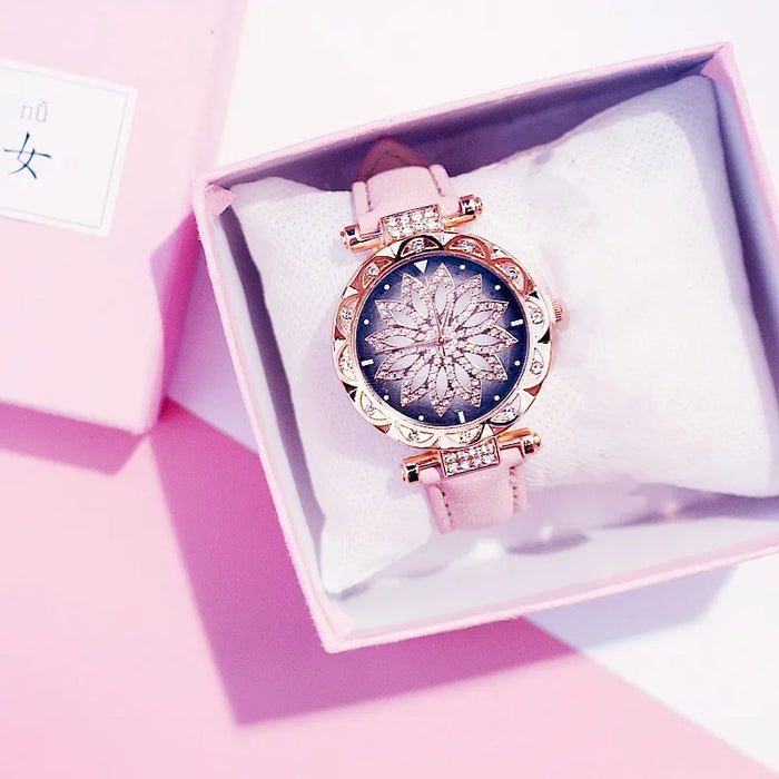 Reloj de cielo estrellado para mujer, relojes de diamantes de oro rosa de lujo, reloj de pulsera de cuarzo con banda de cuero informal para mujer, reloj femenino zegarek damski