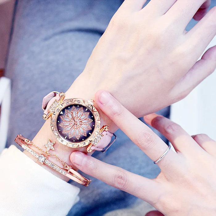 Reloj de cielo estrellado para mujer, relojes de diamantes de oro rosa de lujo, reloj de pulsera de cuarzo con banda de cuero informal para mujer, reloj femenino zegarek damski