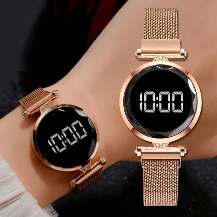 Relojes magnéticos digitales de lujo para mujer, vestido de acero inoxidable de oro rosa, reloj LED de cuarzo, reloj femenino, envío directo 