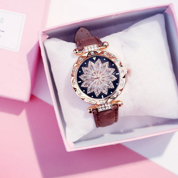 Reloj de cielo estrellado para mujer, relojes de diamantes de oro rosa de lujo, reloj de pulsera de cuarzo con banda de cuero informal para mujer, reloj femenino zegarek damski