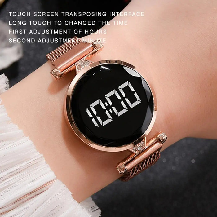 Luxury Digital Magnet Watches For Women Rose Gold Stainless Steel Dress LED Quartz Watch Female Clock Relogio Feminino Drop Ship