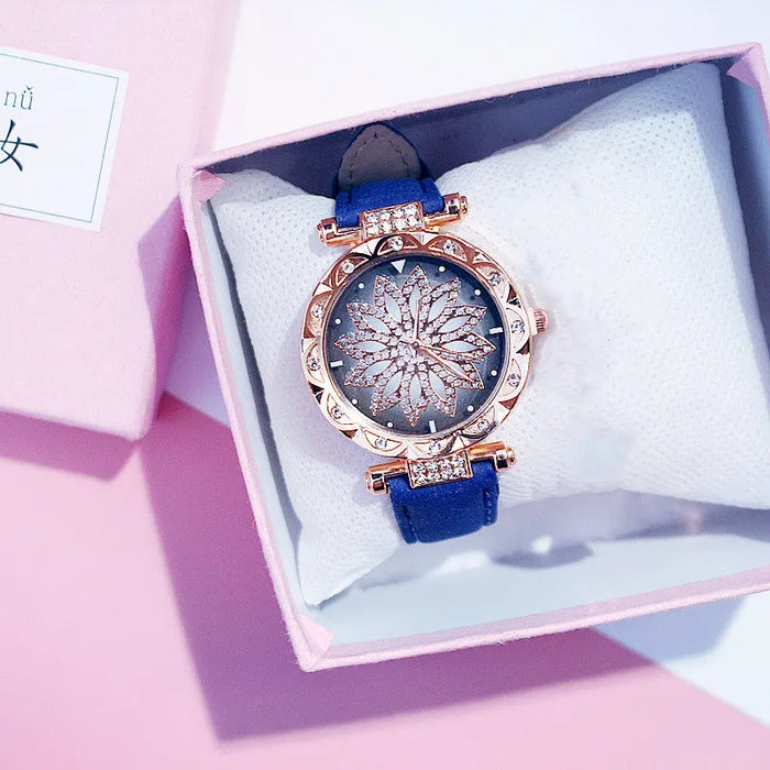 Reloj de cielo estrellado para mujer, relojes de diamantes de oro rosa de lujo, reloj de pulsera de cuarzo con banda de cuero informal para mujer, reloj femenino zegarek damski