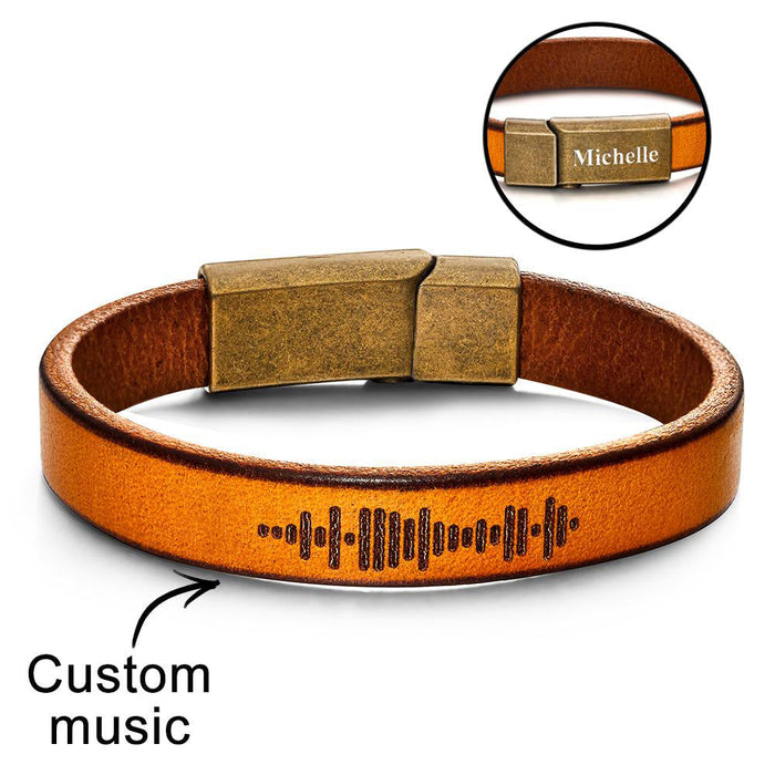 Custom Engraved Music Code PU Leather Bracelet with Strong Magnetic Clasp