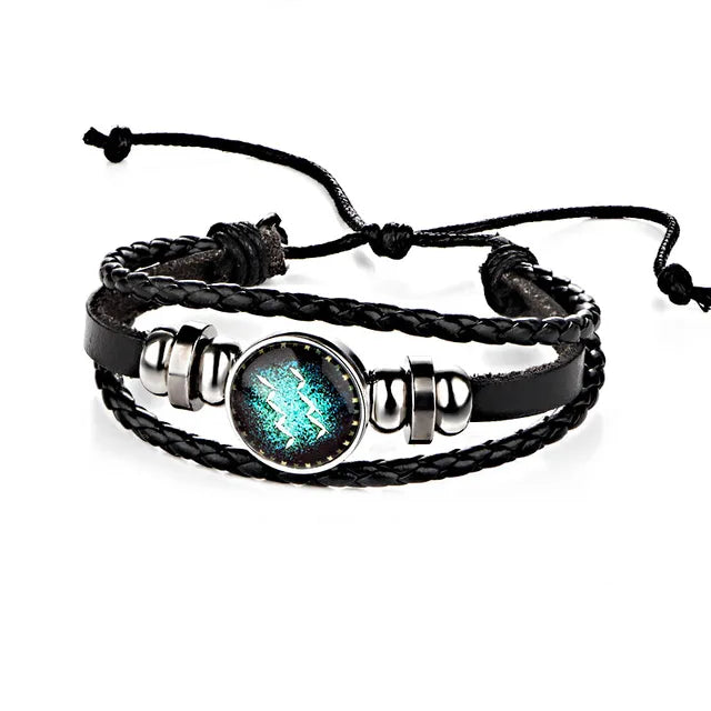 12 Constellations Leather Zodiac Sign with beads Bangle Bracelets For Men Boys Jewelry Travel Accessories Gifts