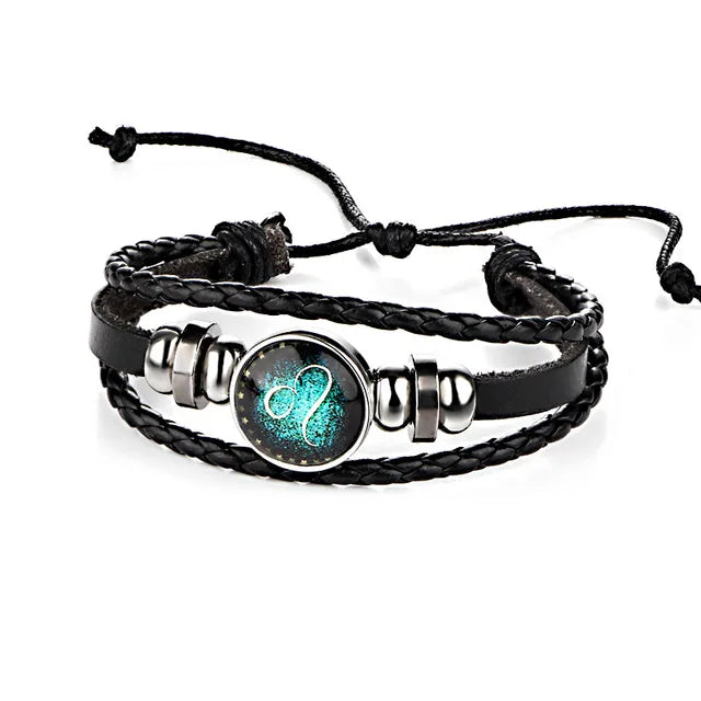 12 Constellations Leather Zodiac Sign with beads Bangle Bracelets For Men Boys Jewelry Travel Accessories Gifts