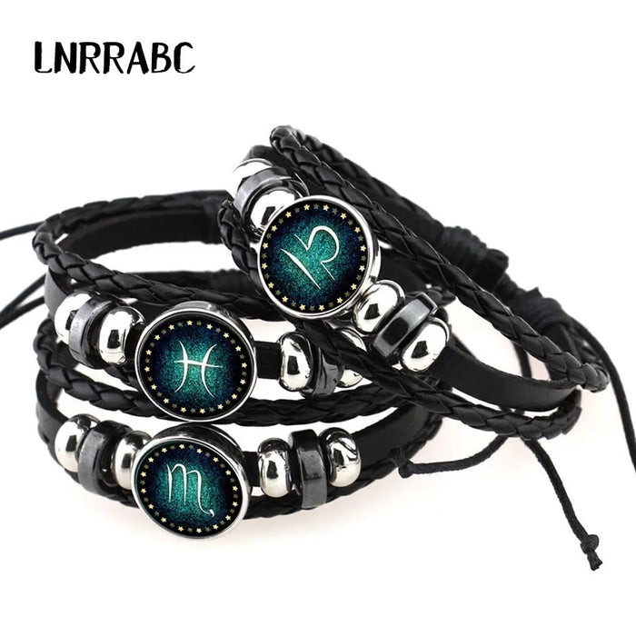 12 Constellations Leather Zodiac Sign with beads Bangle Bracelets For Men Boys Jewelry Travel Accessories Gifts