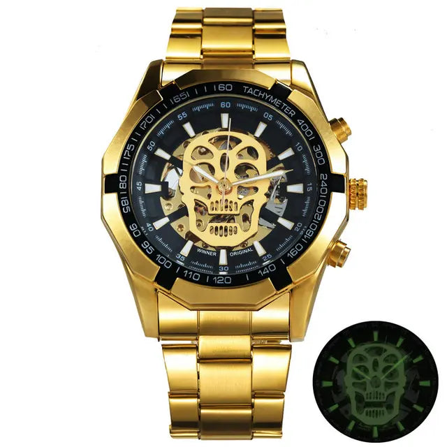 Reloj mecánico para hombre con calavera y correa de acero inoxidable dorada, reloj esqueleto para hombre 