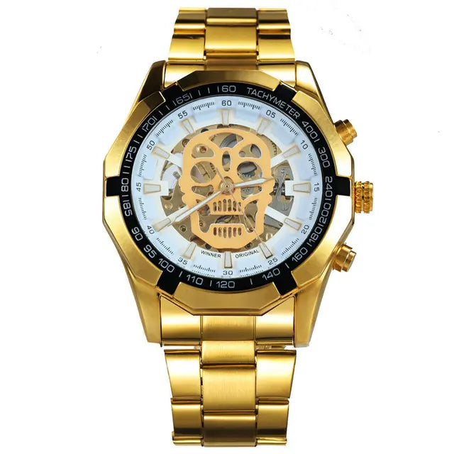 Reloj mecánico para hombre con calavera y correa de acero inoxidable dorada, reloj esqueleto para hombre 