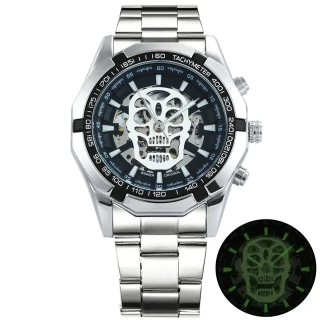 Reloj mecánico para hombre con calavera y correa de acero inoxidable dorada, reloj esqueleto para hombre 