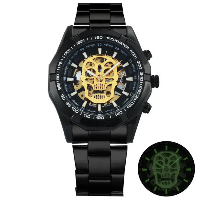 Reloj mecánico para hombre con calavera y correa de acero inoxidable dorada, reloj esqueleto para hombre 