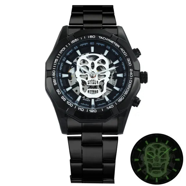 Reloj mecánico para hombre con calavera y correa de acero inoxidable dorada, reloj esqueleto para hombre 